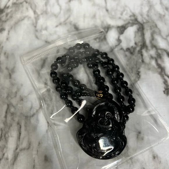 JADE obsidian Black  Hand Carved Maitreya Buddah Pendant Necklace - Picture 4 of 10